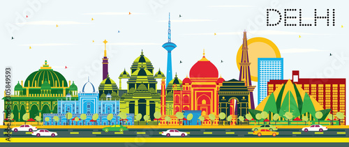 Delhi India City Skyline with Color Buildings and Blue Sky.