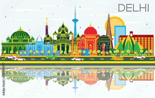 Delhi India City Skyline with Color Buildings, Blue Sky and Reflections.