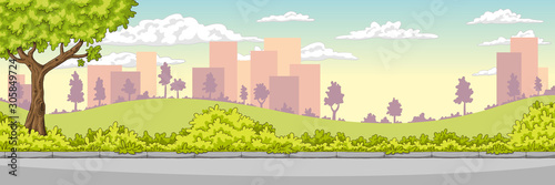 Fototapeta Naklejka Na Ścianę i Meble -  Panorama summer cityscape. Hand drawn vector illustration with separate layers.