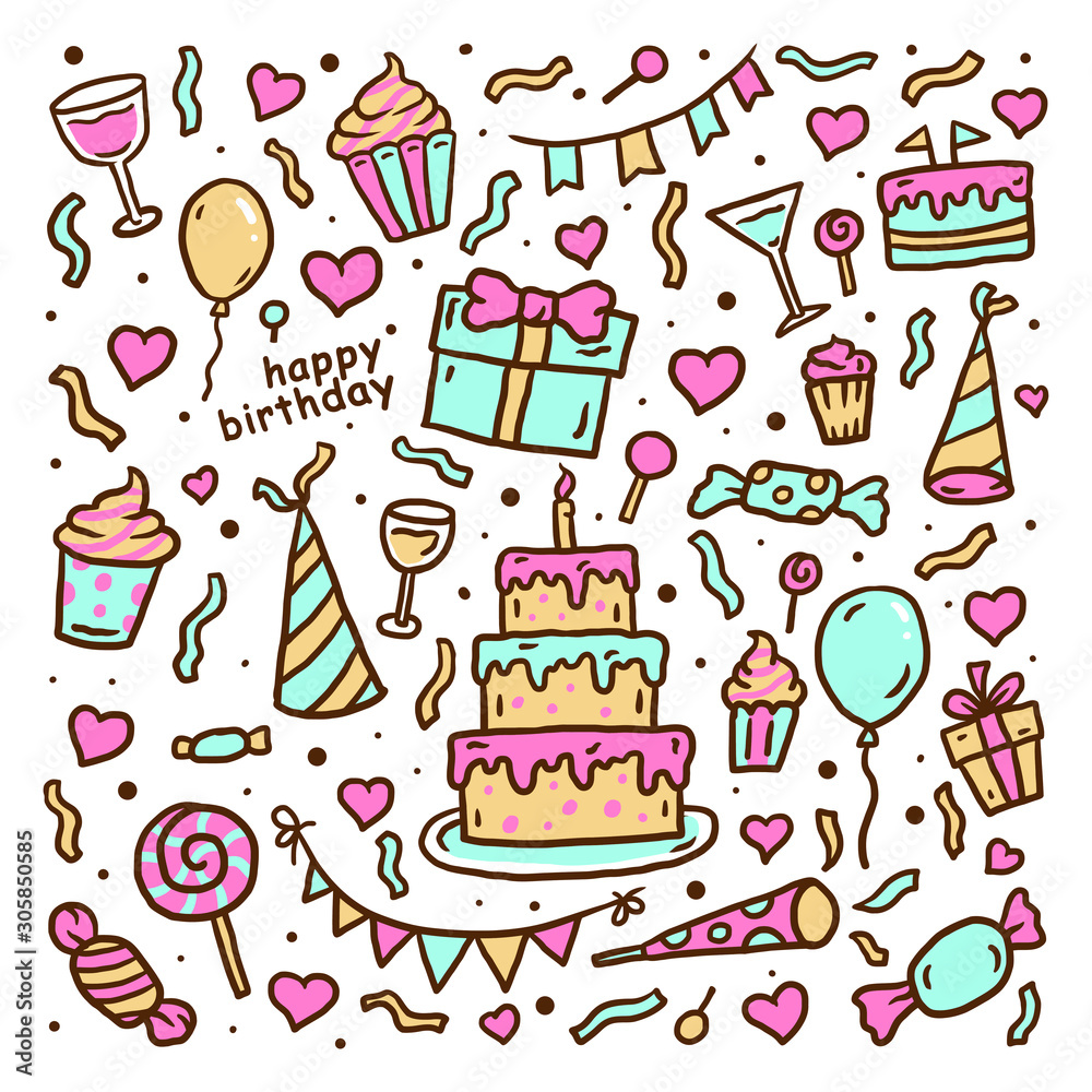 Birthday pattern and color, Hand drawn line art vector illustration Birthday pattern and color, Hand drawn line art vector illustration