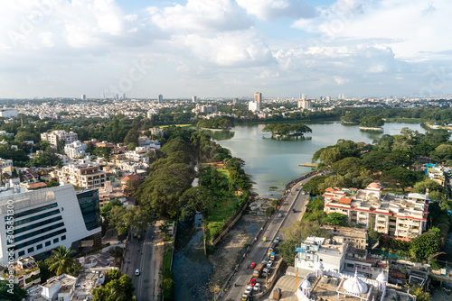 Aerial Landscape Bangalore Skyscrappers with  Large Lake in the Foreground photo