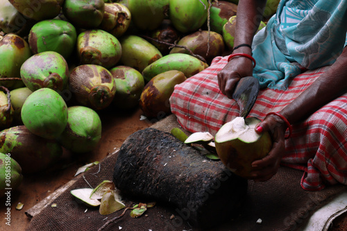 Lady cutting tender coconut in south India