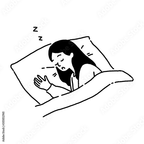 Young woman sleep at night in bed, good sleep concept, hand-drawn style vector illustration.