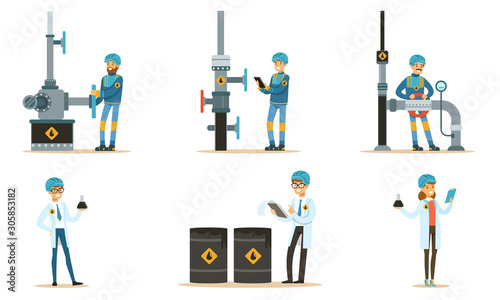 Oilman near the pipeline. Set of vector illustrations.