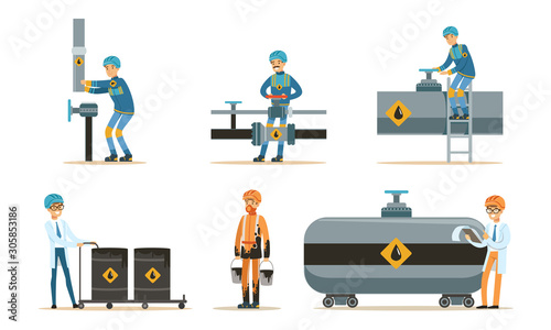 Man near the oil pipeline. Set of vector illustrations.