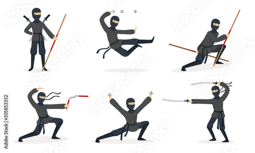 Ninja in black clothes. Set of vector illustrations.