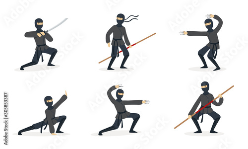 Ninja in black clothes and mask. Set of vector illustrations.