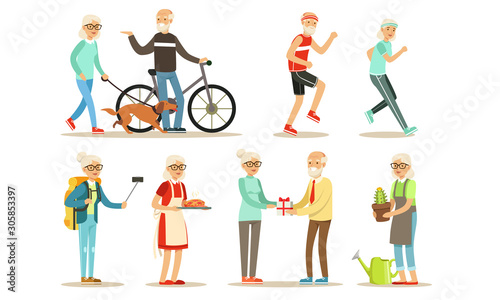 Older people lead an active lifestyle. Set of vector illustrations.