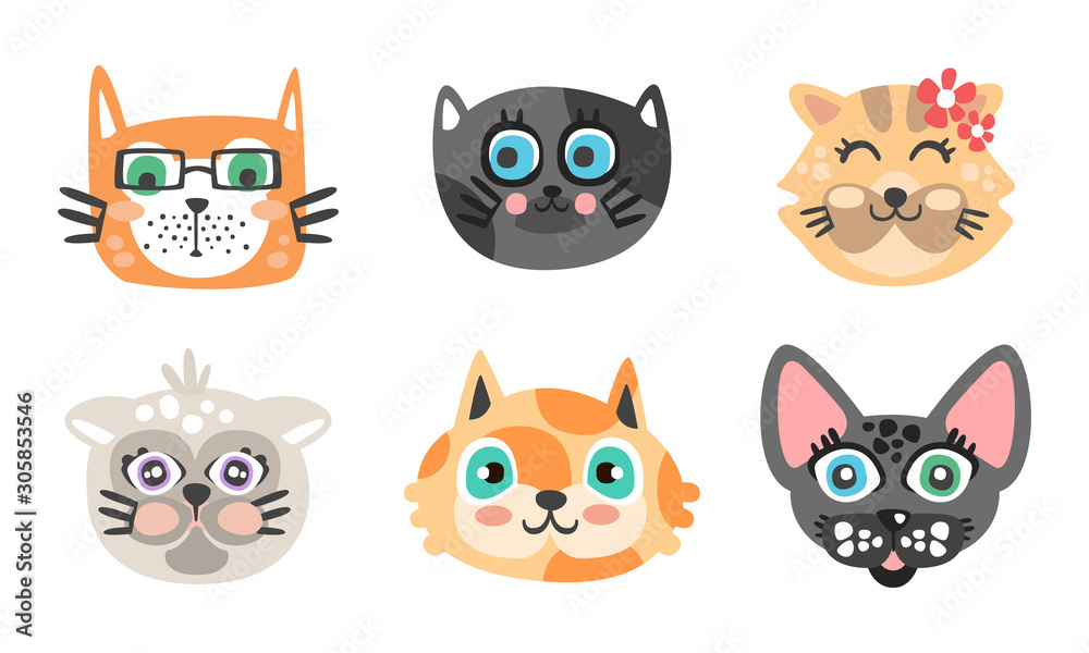 Cute Cartoon Cats Muzzle Vector Set. Animal Heads Collection