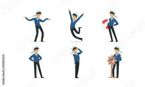 Sailor Character on Board Doing Work Vector Illustrations Set