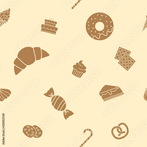 Candy background - Vector seamless pattern solid silhouettes of sweet food for graphic design