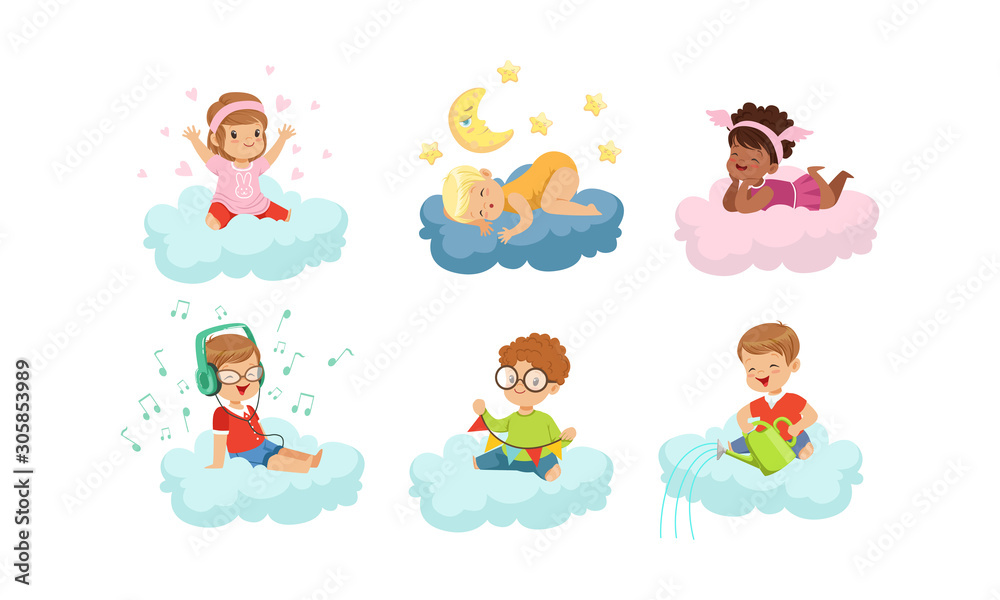 Smiling Kids Sitting on Clouds and Doing Different Things Vector Illustrations Set Smiling Kids Sitting on Clouds and Doing Different Things Vector Illustrations Set