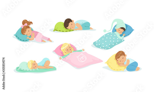 Little Children Sleeping Covered with Blanket Vector Set