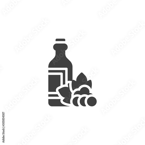 Bottle of grape wine vector icon. filled flat sign for mobile concept and web design. Bunch of grapes and a bottle of wine glyph icon. Vinery symbol, logo illustration. Vector graphics