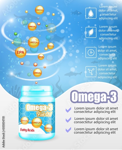 Omega 3 fish oil supplements advertising vector poster template