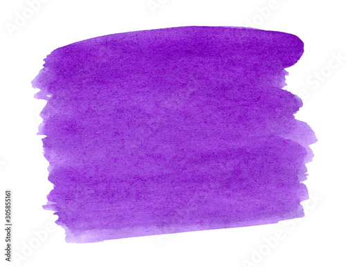 Violet purple lilac texture watercolor large spot splash of a wide strip or dice in an abstract style isolated on a white background. Hand drawn grunge texture on paper. Template for background or