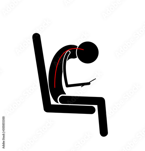 incorrect posture when working with the phone. medical advice. rachiocampsis. vector illustration. EPS 10.