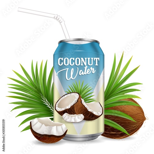 Organic refreshing coconut water vector realistic illustration