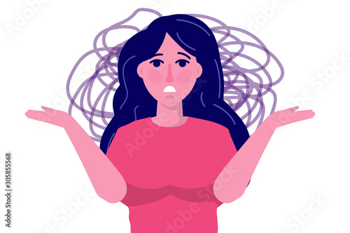 Anxious, Depression woman . Mental health, Anxiety, self-deception concept. Flat vector illustration.