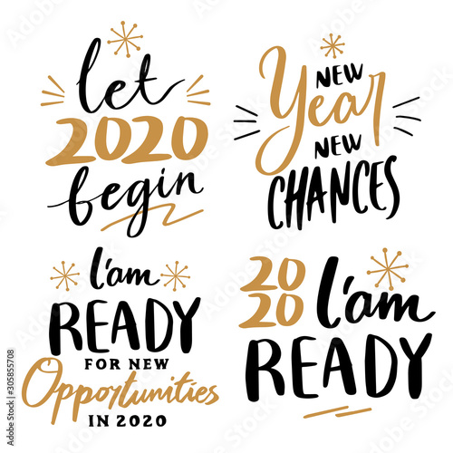 Happy New Year 2020 quote text collection vector design with modern hand lettering calligraphy typography and fireworks illustration