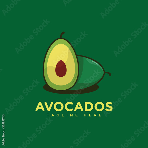 Avocado fruit logo template. Health food logotype. Vector design template logo and icon in linear style, avocado oil. Avocado half with leaf vector design