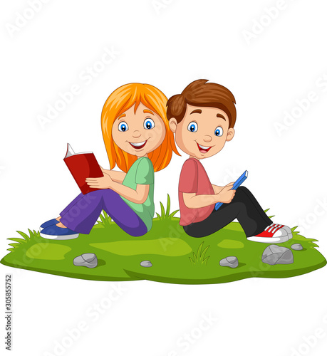 Cartoon boy and girl reading books on the grass