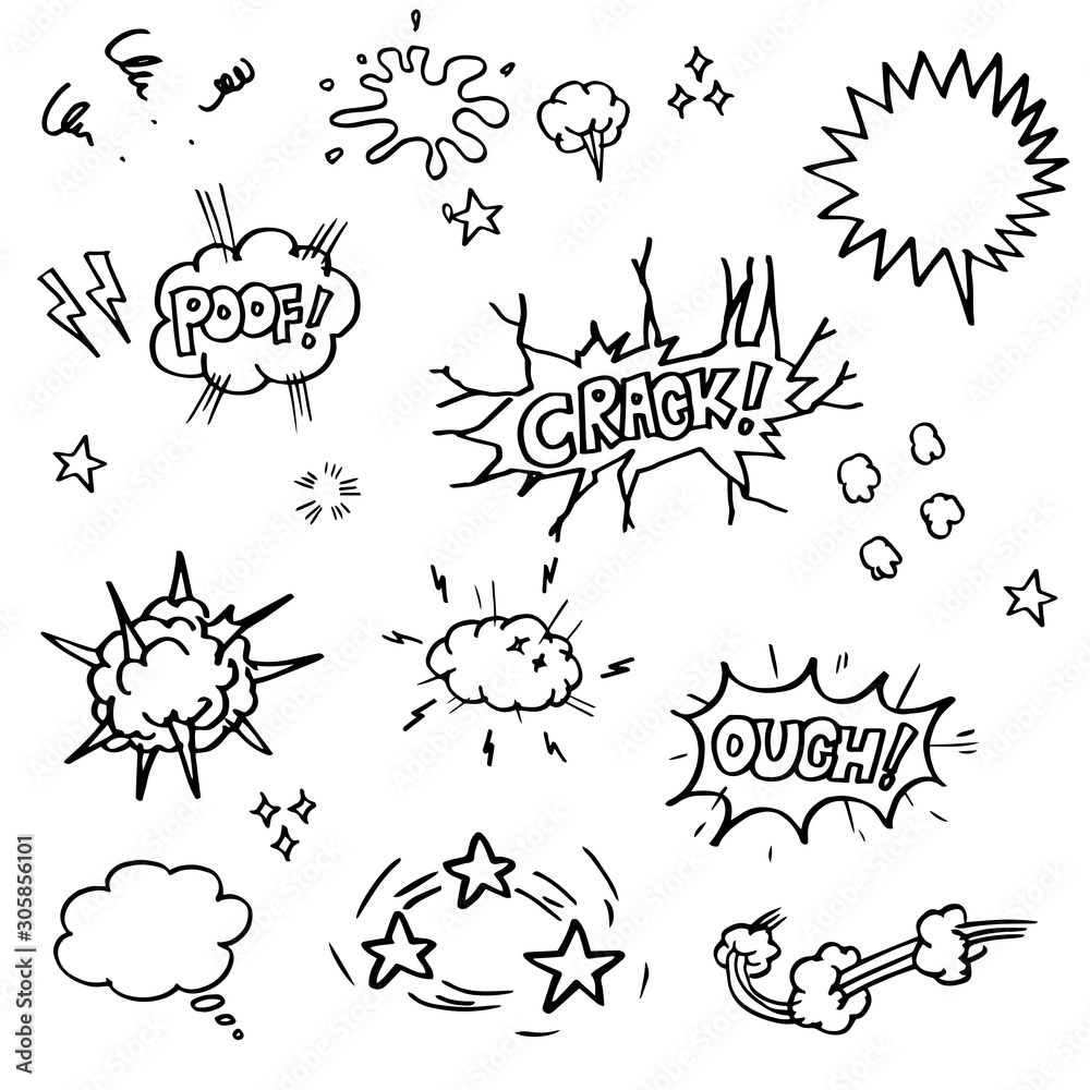 Set Of Hand Drawn Comic Elements Vector Doodle Comic Elements Cartoon Isolated On White