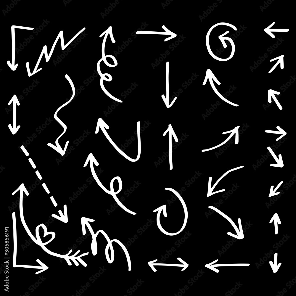 Set of Hand drawn vector arrows doodle on black background.design element vector illustration. Set of Hand drawn vector arrows doodle on black background.design element vector illustration.
