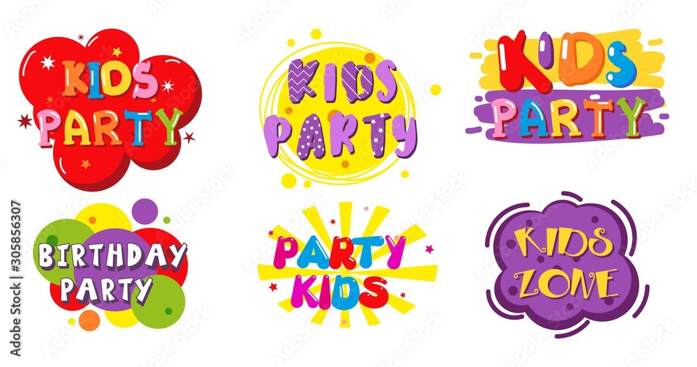 Birthday party kids zone label banner set, vector isolated illustration