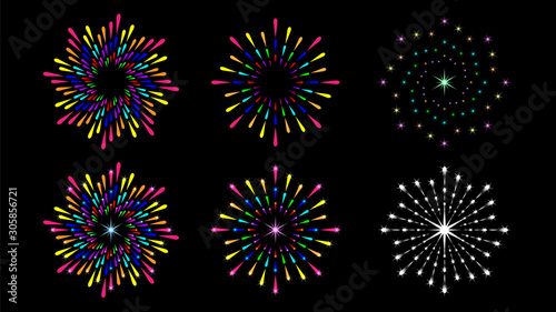 Set colorful round firework, splash isolated on black background.