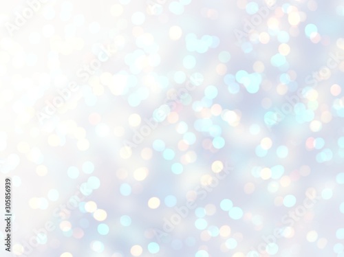 Winter bokeh lights defocused pattern. Blurred snow glitter background. Iridescent white blue abstract texture. Brilliance pastel backdrop. Xmas holiday decoration. Shimmer wonderful template.