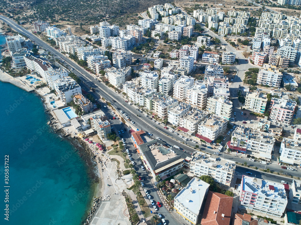 Aerial view of mediterranean town by the sea