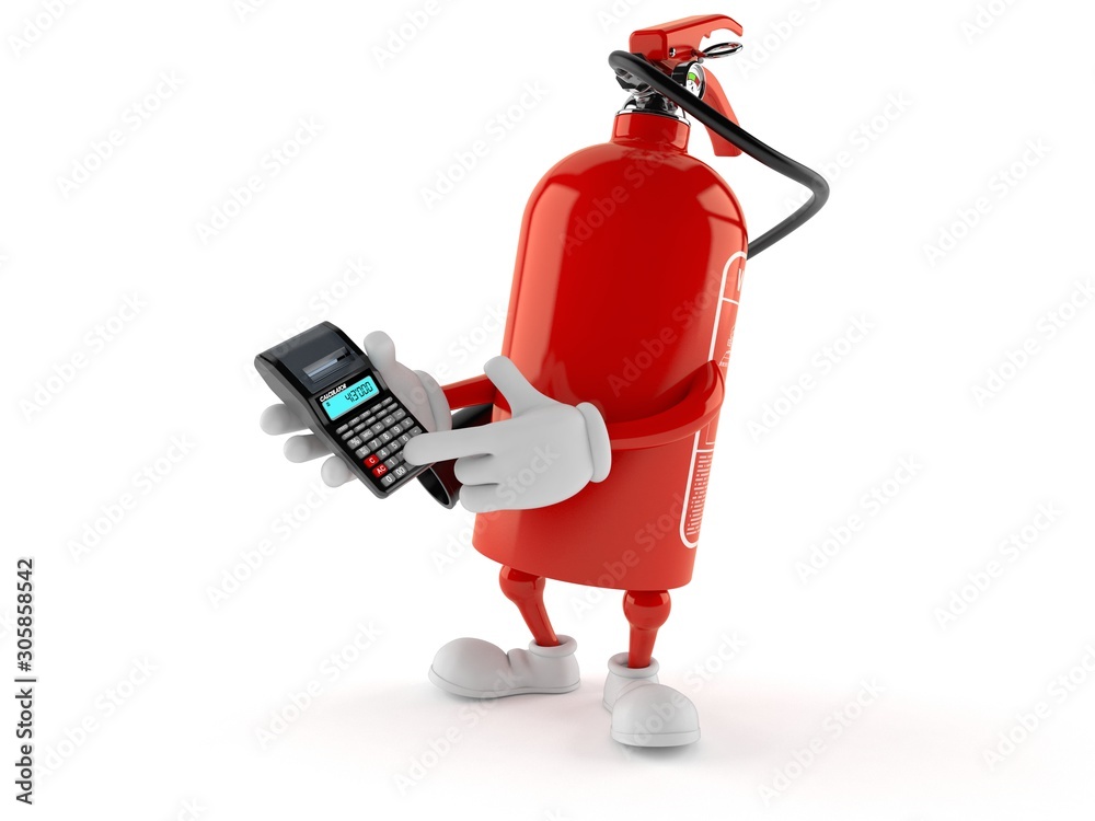 Fotografie Fire extinguisher character holding calculator
