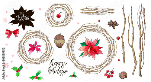 Collection of branch wreathes with seamless brush and christmas doodles. Vector set. For printed materials, prints, posters, cards, logo. Holiday background. Hand drawn decorative natural elements