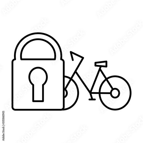 Bicycle with an old vintage lock. Closed padlock in the shape of a horseshoe. Security bike concept. Editable outline stroke linear icon. Thin vector black contour