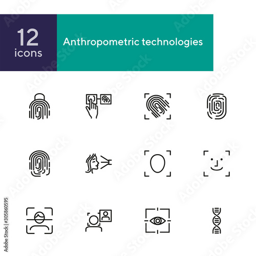 Anthropometric technologies line icon set. Scanning, identification, genes. Authentication concept. Can be used for topics like comparative analysis, criminology, forensics