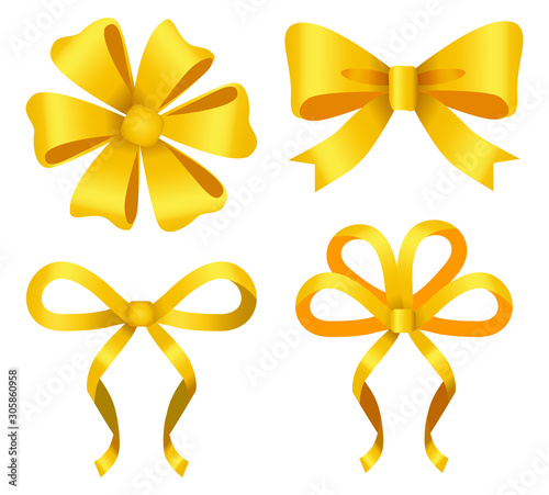 Set of yellow ribbon bows isolated icons. Golden decoration for gift cards design or presents decor. Silk tapes for holidays embellishment or adornment or place. Vector in flat style illustration