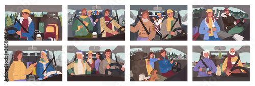 Collection of people sitting in cars driving. Winter road trip of friends and romantic couple. Man traveling alone in car. Holidays celebration in automobile Character sitting in vehicles. Vector flat