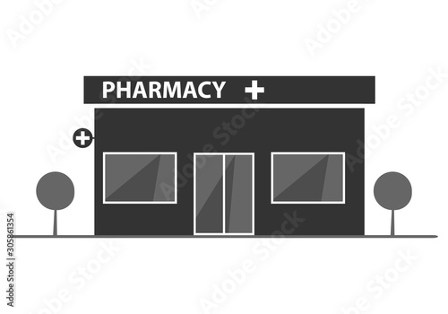 Pharmacy building in a flat design. Interior and pharmacy building. Pharmacy room with a pharmacist. Vector illustration, vector.