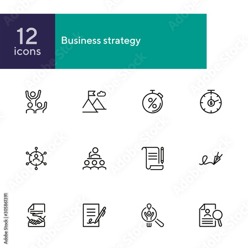 Business success line icon set. Win, peak with flag, agreement. Business concept. Can be used for topics like leadership, contract, deal