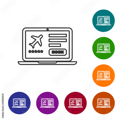 Grey line Laptop with electronic boarding pass airline ticket icon isolated on white background. Passenger plane mobile ticket for web and app. Set icons in color circle buttons. Vector Illustration