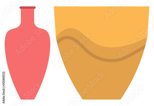 Set of striped vase isolated on white. Crockery decorative jar with waves ornament, color pot in flat style design, ceramic flowerpot. Handmade items from clay. Vase for flowers. Vector illustration