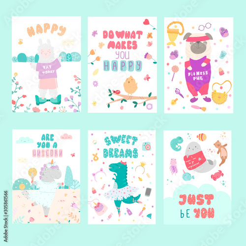 Childish scandinavian style postcards vector templates set