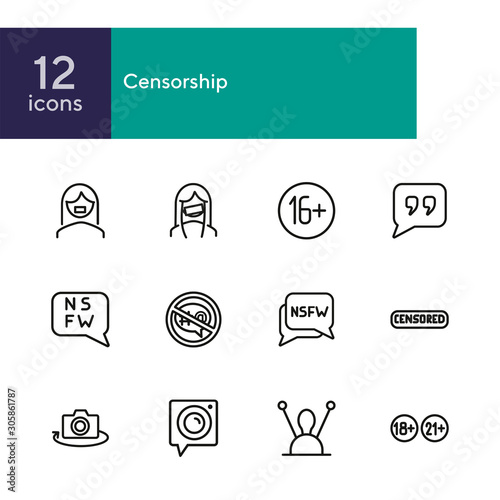 Censorship line icon set. Set of line icons on white background. TV requirement concept. Camera, antenna, stamp. Vector illustration can be used for topics like cinema, TV, radio, social media