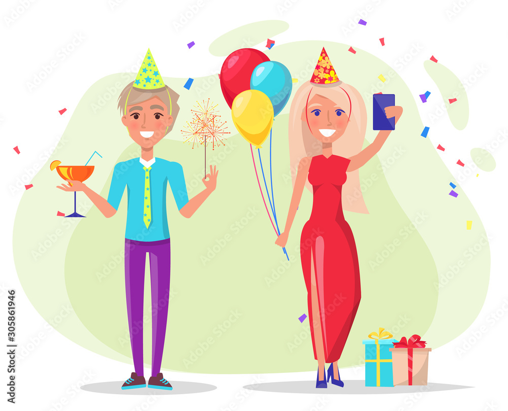Man and woman at birthday party. Male character holding alcoholic beverage in hands posing on photo. Lady with paper hat and balloons taking selfie. Presents on holiday for female personage vector Man and woman at birthday party. Male character holding alcoholic beverage in hands posing on photo. Lady with paper hat and balloons taking selfie. Presents on holiday for female personage vector
