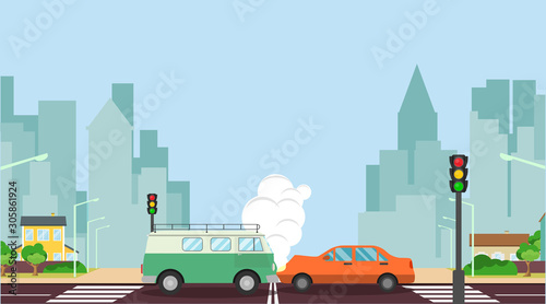 Car accident concept illustration. Two cars crashed on the road, suffered moderate damage. Car Accident on the road.