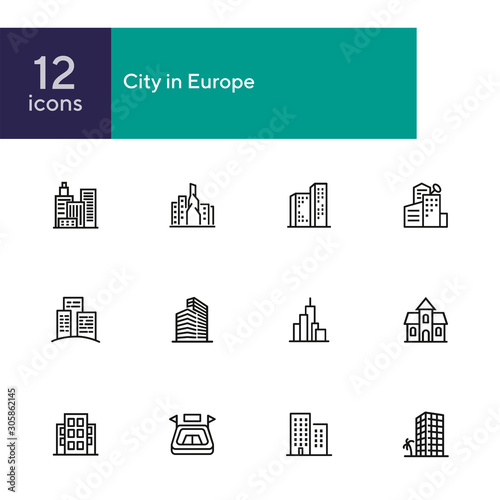 City in Europe line icon set. Building, house, skyscraper. Architectrure concept. Vector illustration can be used for topics like consctruction, design, building photo