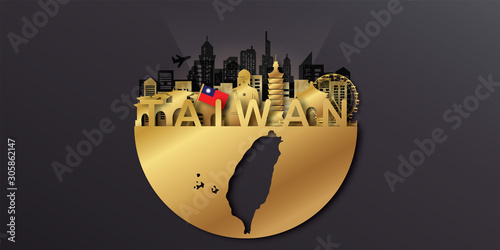 Travel Taiwan postcard, poster, tour advertising of world famous landmarks in paper cut style. Vectors illustrations