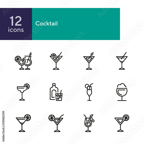 Cocktail line icon set. Vermouth, margarita, pina colada. Alcoholic drinks concept. Can be used for topics like bar, party, celebration