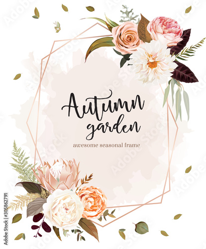 Geometric floral label frame arranged from leaves and flowers